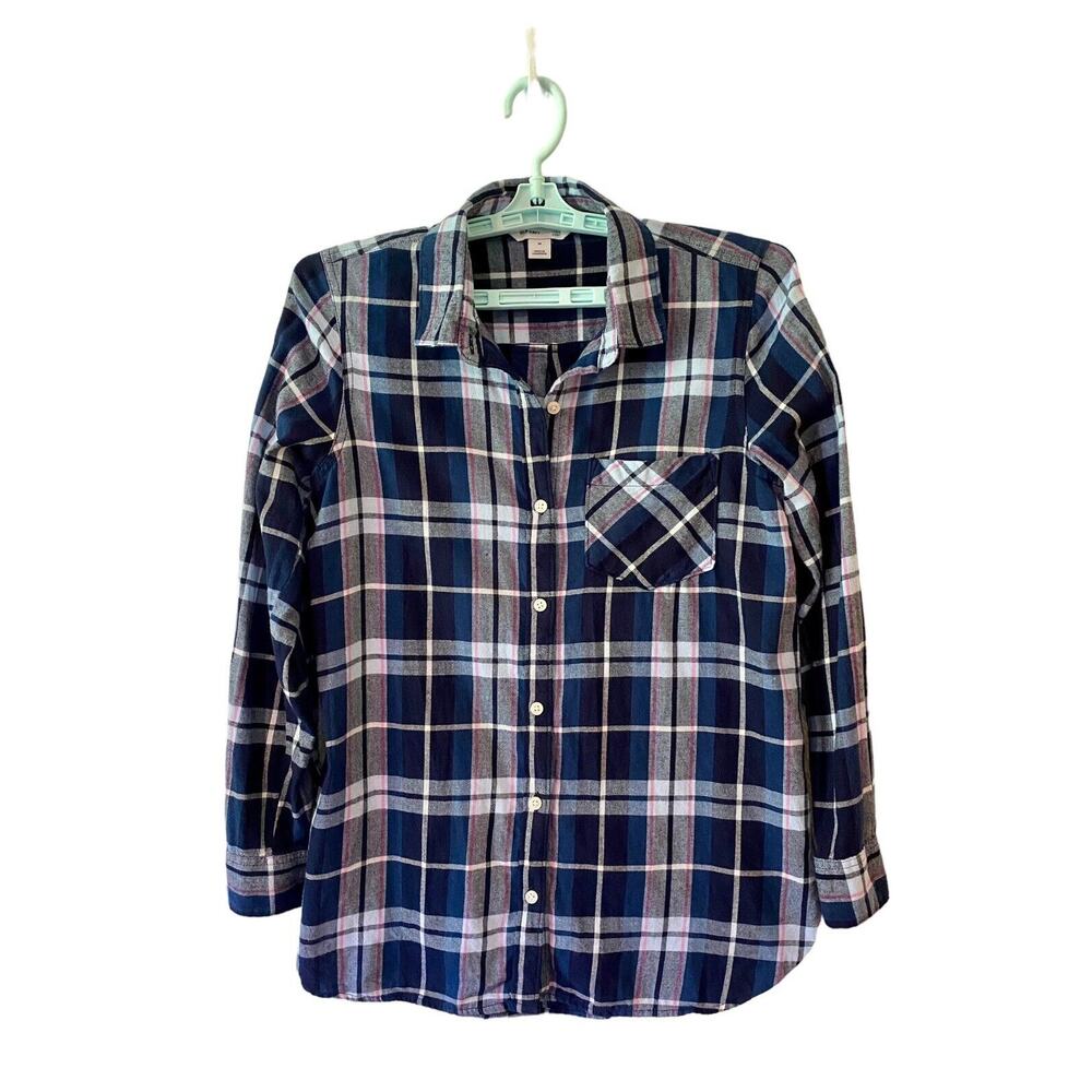 Old Navy Flannel Top Tunic Women's Size M Blue Pink Plaid Long Sleeve 100%Cotton